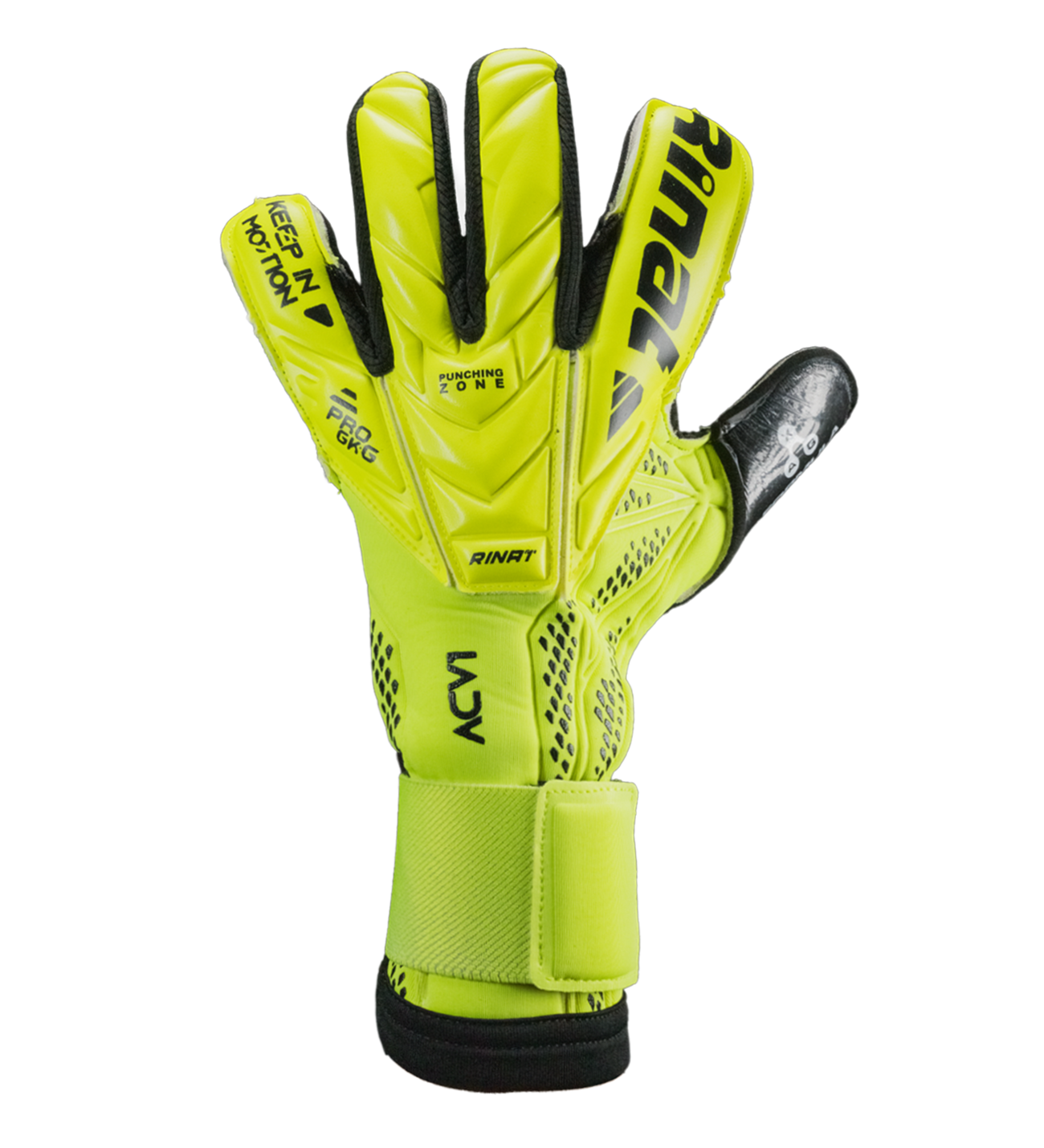 Guantes de portero Rinat ACV1 Pro edición Carlos Acevedo con palma AXG de agarre profesional y gran durabilidad, corte híbrido negativo-rollfinger con pulgar envuelto para mayor control, dorso semi armado y cierre elástico ajustable. Precisión y seguridad para alto rendimiento.