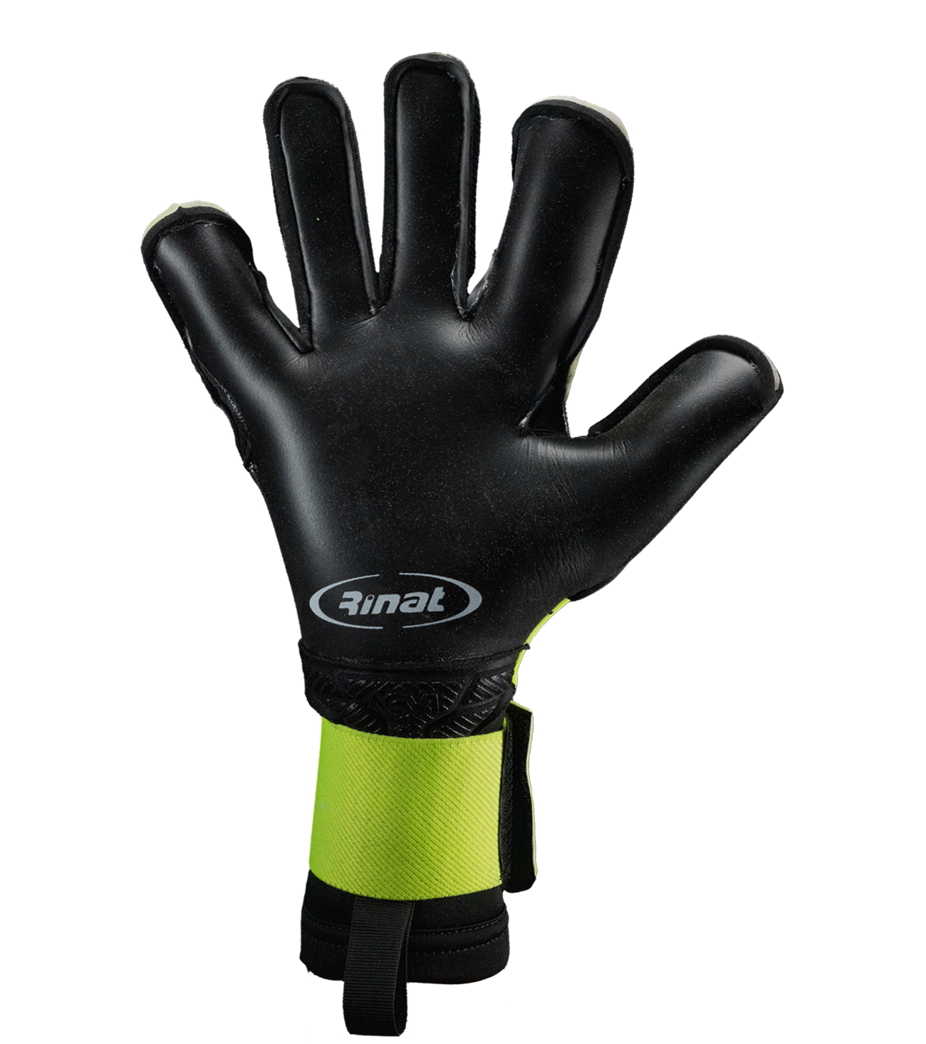 Guantes de portero Rinat ACV1 Pro edición Carlos Acevedo con palma AXG de agarre profesional y gran durabilidad, corte híbrido negativo-rollfinger con pulgar envuelto para mayor control, dorso semi armado y cierre elástico ajustable. Precisión y seguridad para alto rendimiento.