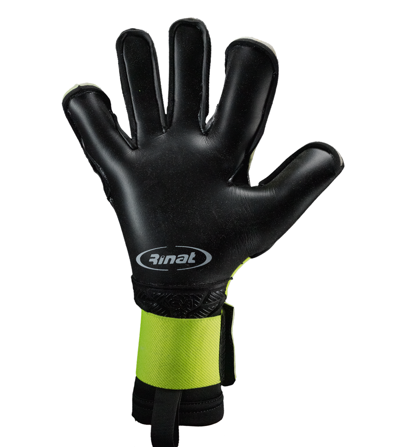 Guantes de portero Rinat ACV1 Pro edición Carlos Acevedo con palma AXG de agarre profesional y gran durabilidad, corte híbrido negativo-rollfinger con pulgar envuelto para mayor control, dorso semi armado y cierre elástico ajustable. Precisión y seguridad para alto rendimiento.