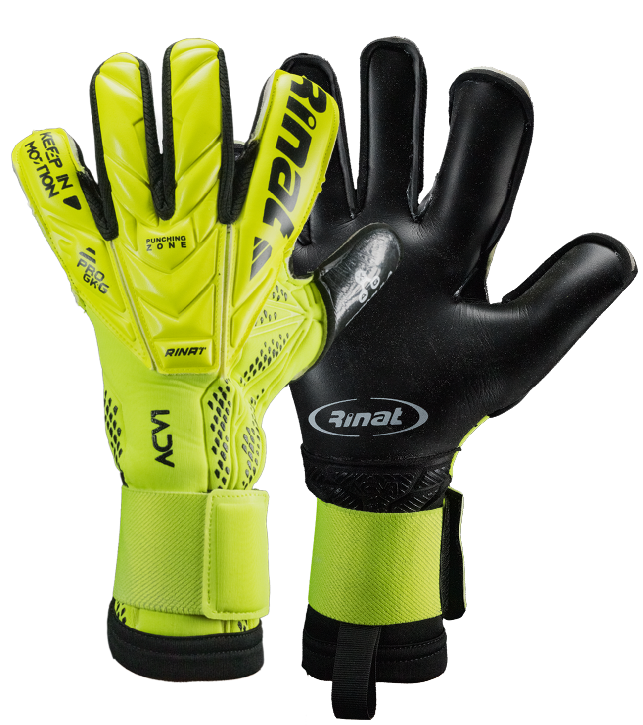 Guantes de portero Rinat ACV1 Pro edición Carlos Acevedo con palma AXG de agarre profesional y gran durabilidad, corte híbrido negativo-rollfinger con pulgar envuelto para mayor control, dorso semi armado y cierre elástico ajustable. Precisión y seguridad para alto rendimiento.