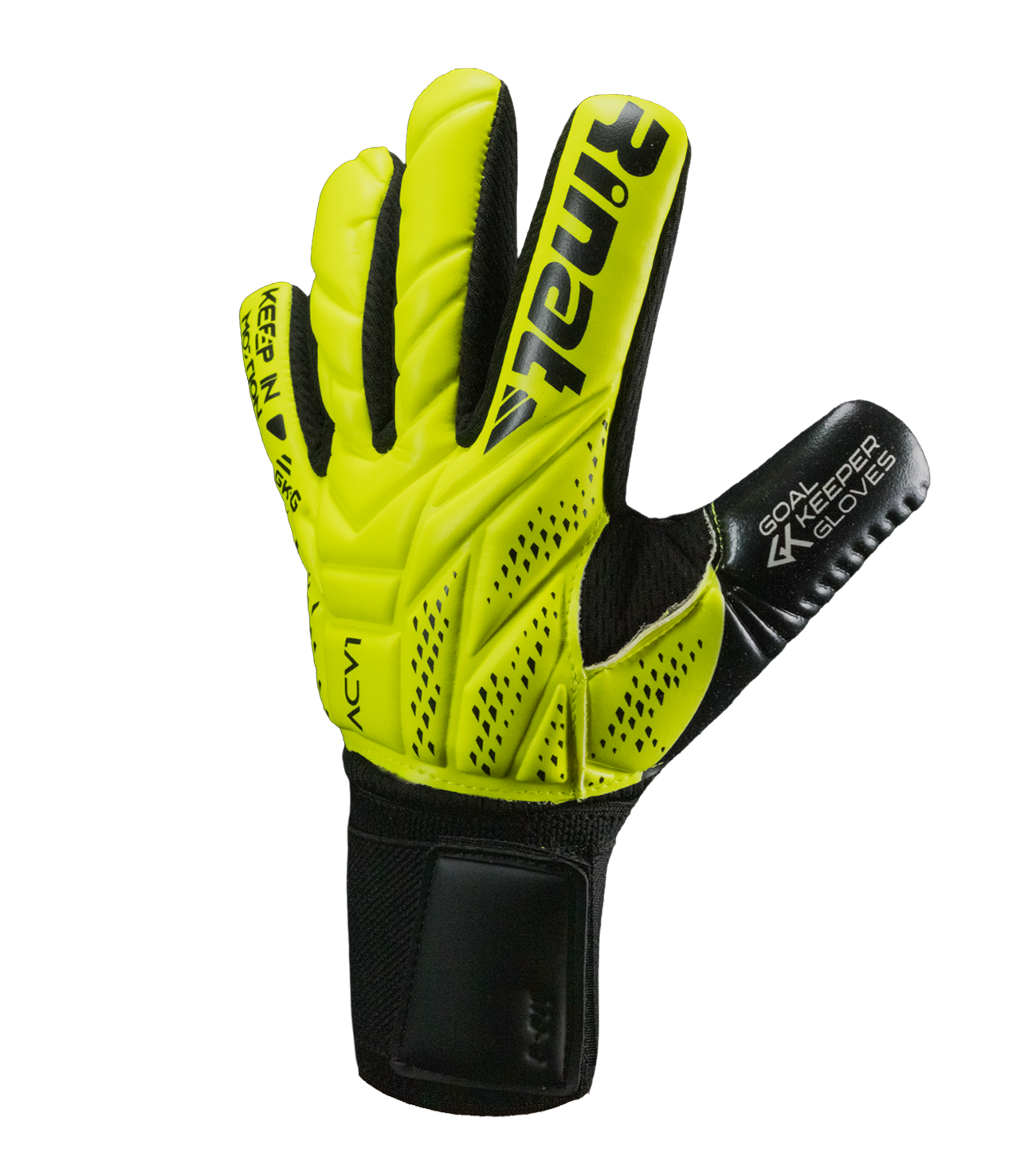 Guantes de portero Rinat ACV1 Semi con palma Super Softy XP de excelente agarre y resistencia, corte negativo para ajuste preciso y mayor control del balón, dorso flexible y cierre elástico que brinda estabilidad y comodidad en cualquier condición.