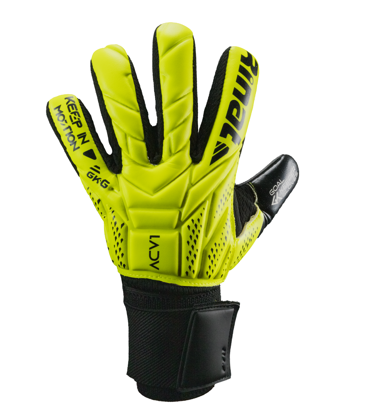 Guantes de portero Rinat ACV1 Semi con palma Super Softy XP de excelente agarre y resistencia, corte negativo para ajuste preciso y mayor control del balón, dorso flexible y cierre elástico que brinda estabilidad y comodidad en cualquier condición.