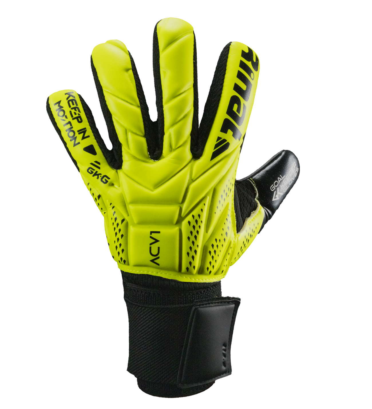 Guantes de portero Rinat ACV1 Semi con palma Super Softy XP de excelente agarre y resistencia, corte negativo para ajuste preciso y mayor control del balón, dorso flexible y cierre elástico que brinda estabilidad y comodidad en cualquier condición.