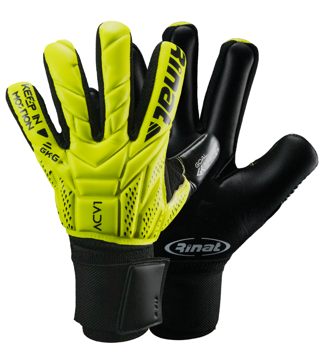 Guantes de portero Rinat ACV1 Semi con palma Super Softy XP de excelente agarre y resistencia, corte negativo para ajuste preciso y mayor control del balón, dorso flexible y cierre elástico que brinda estabilidad y comodidad en cualquier condición.