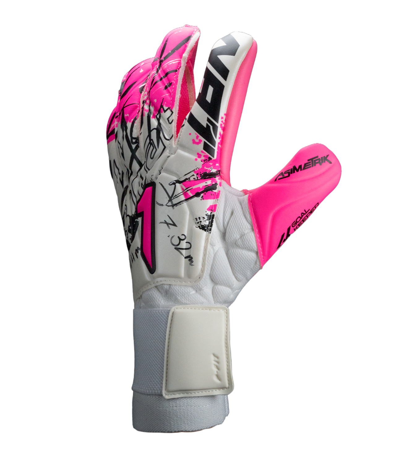 Guantes de portero Rinat Asimetrik Pro Spines con palma HG+ Next de alta durabilidad, corte híbrido Hyper Cut para ajuste preciso, varillas removibles para protección y cierre elástico doble. Seguridad y rendimiento en cualquier superficie.