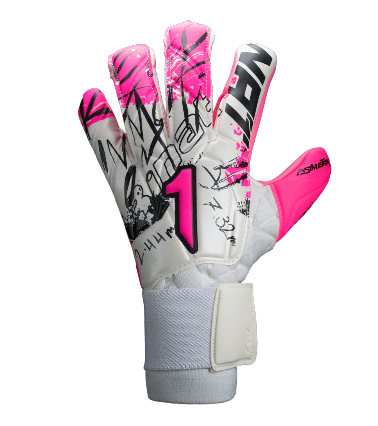 Guantes de portero Rinat Asimetrik Pro Spines con palma HG+ Next de alta durabilidad, corte híbrido Hyper Cut para ajuste preciso, varillas removibles para protección y cierre elástico doble. Seguridad y rendimiento en cualquier superficie.