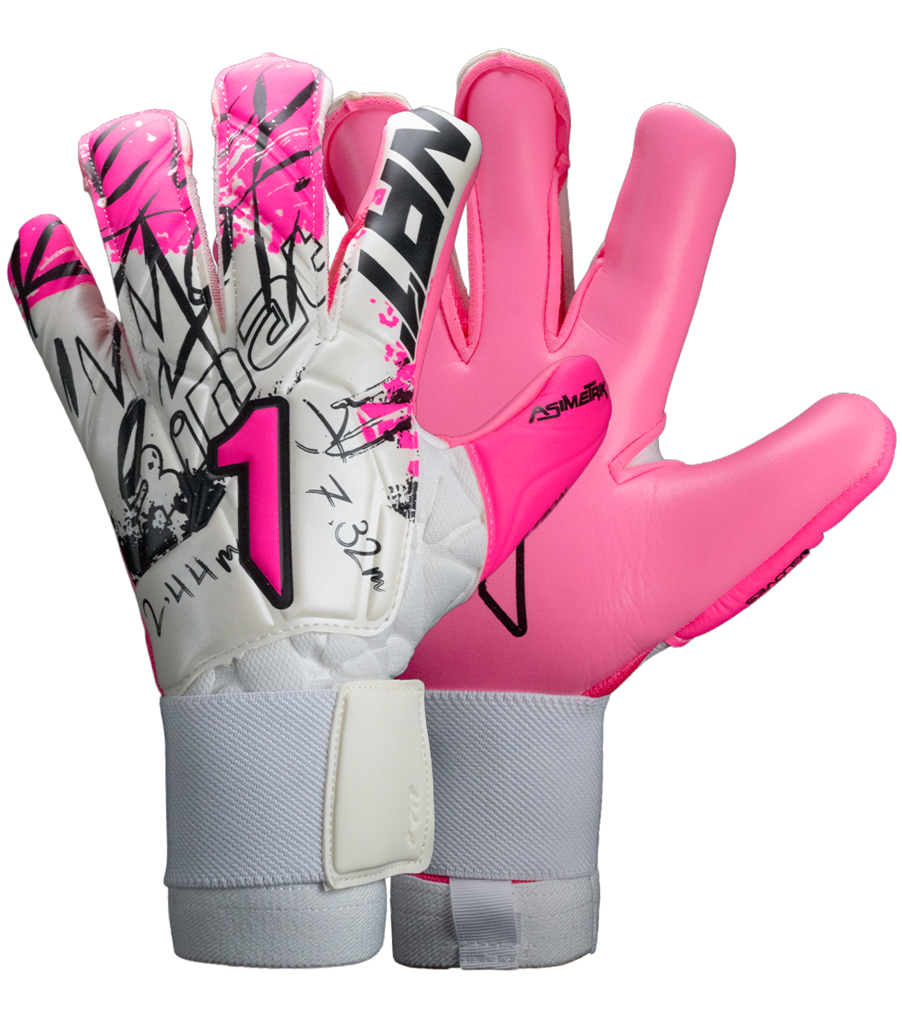 Guantes de portero Rinat Asimetrik Pro Spines con palma HG+ Next de alta durabilidad, corte híbrido Hyper Cut para ajuste preciso, varillas removibles para protección y cierre elástico doble. Seguridad y rendimiento en cualquier superficie.