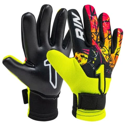 Guantes de portero Rinat Asimetrik AS Amarillo/Rosa/Naranja con el icónico diseño asimétrico de Rinat, diferente en cada mano, en colorway de alta visibilidad.