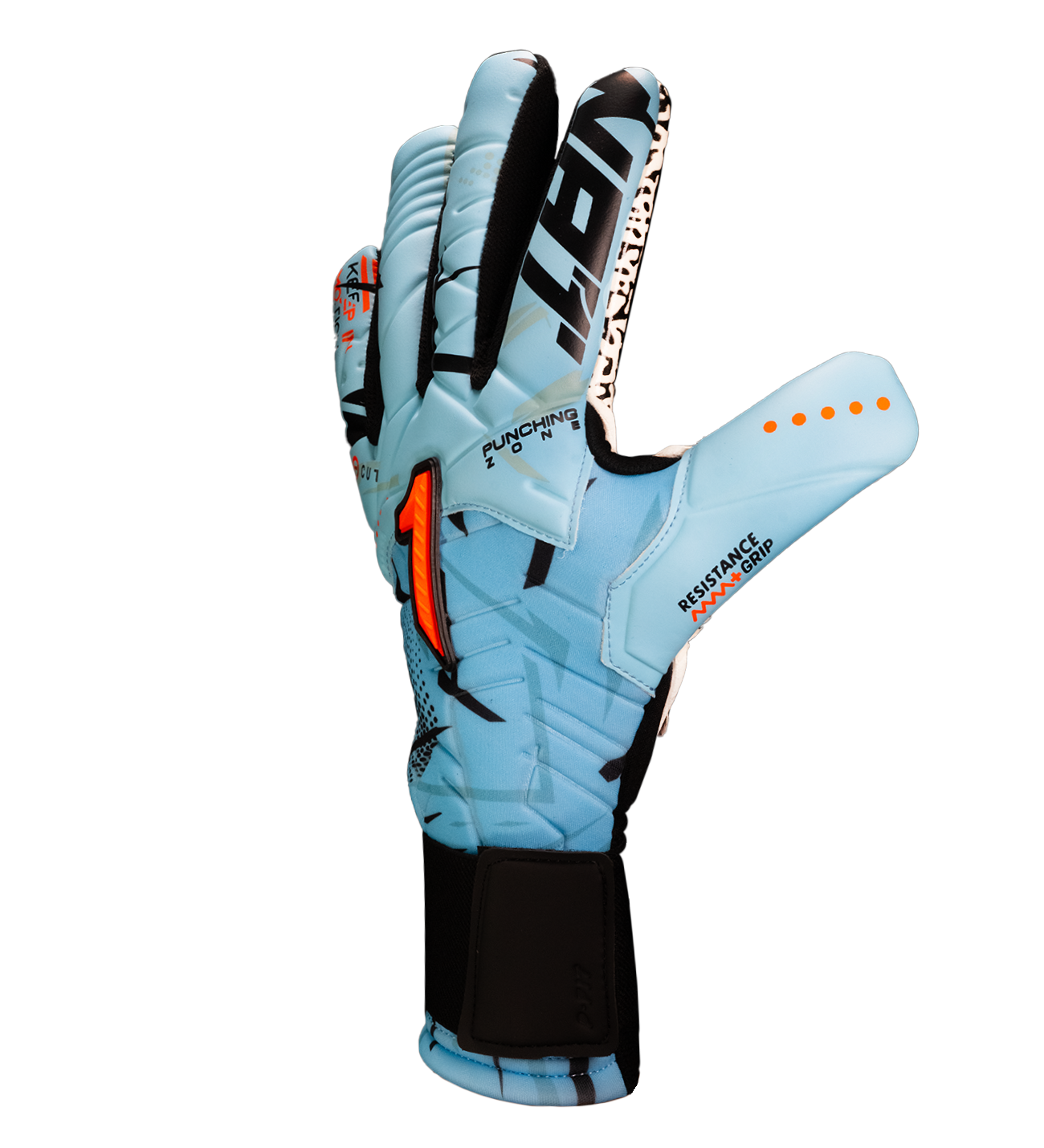 Guantes de portero Kratos SGR azul con blanco, corte negativo ergonómico, palma profesional SGR de alto agarre, dorso transpirable con efecto térmico y cierre híbrido con muñequera elástica y cintillo ajustable.