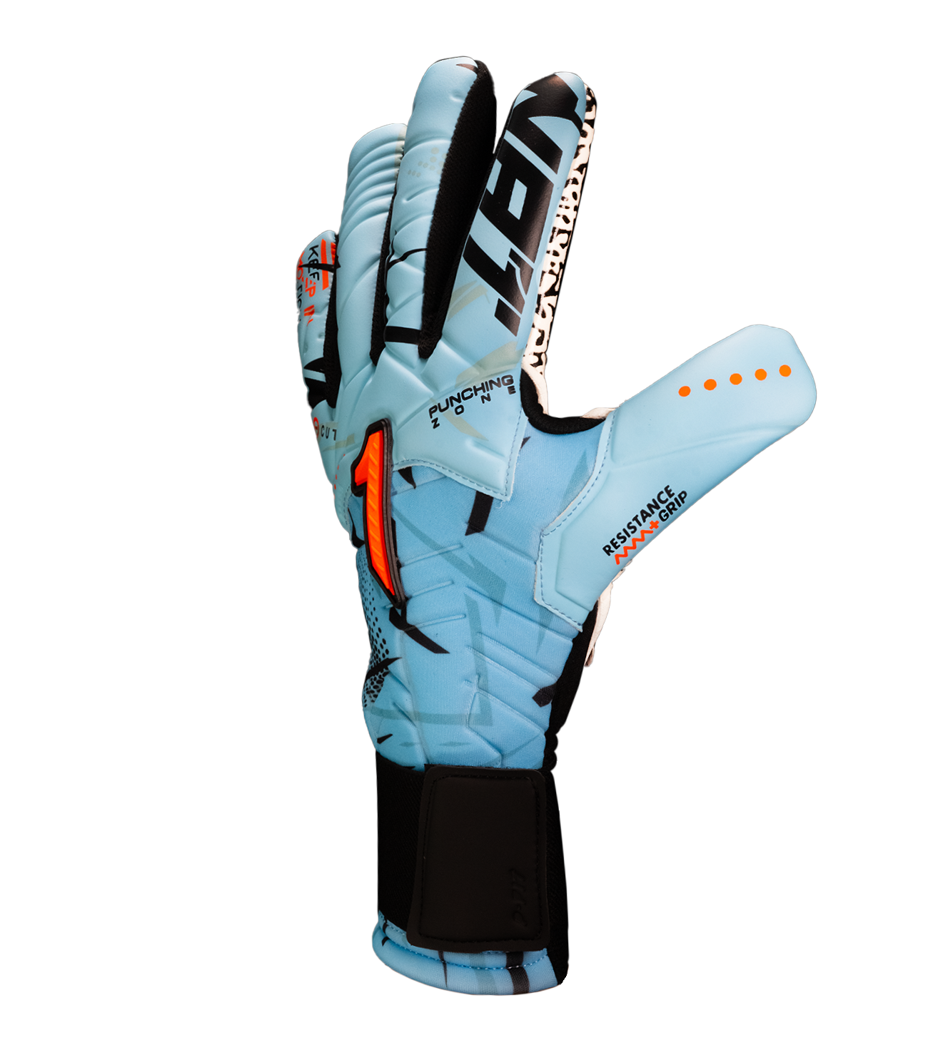 Guantes de portero de futbol Kratos SGR azul con blanco, corte negativo ergonómico, palma profesional SGR de alto agarre, dorso transpirable con efecto térmico y cierre híbrido con muñequera elástica y cintillo ajustable.