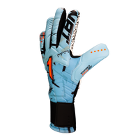 Guantes de portero de futbol Kratos SGR azul con blanco, corte negativo ergonómico, palma profesional SGR de alto agarre, dorso transpirable con efecto térmico y cierre híbrido con muñequera elástica y cintillo ajustable.