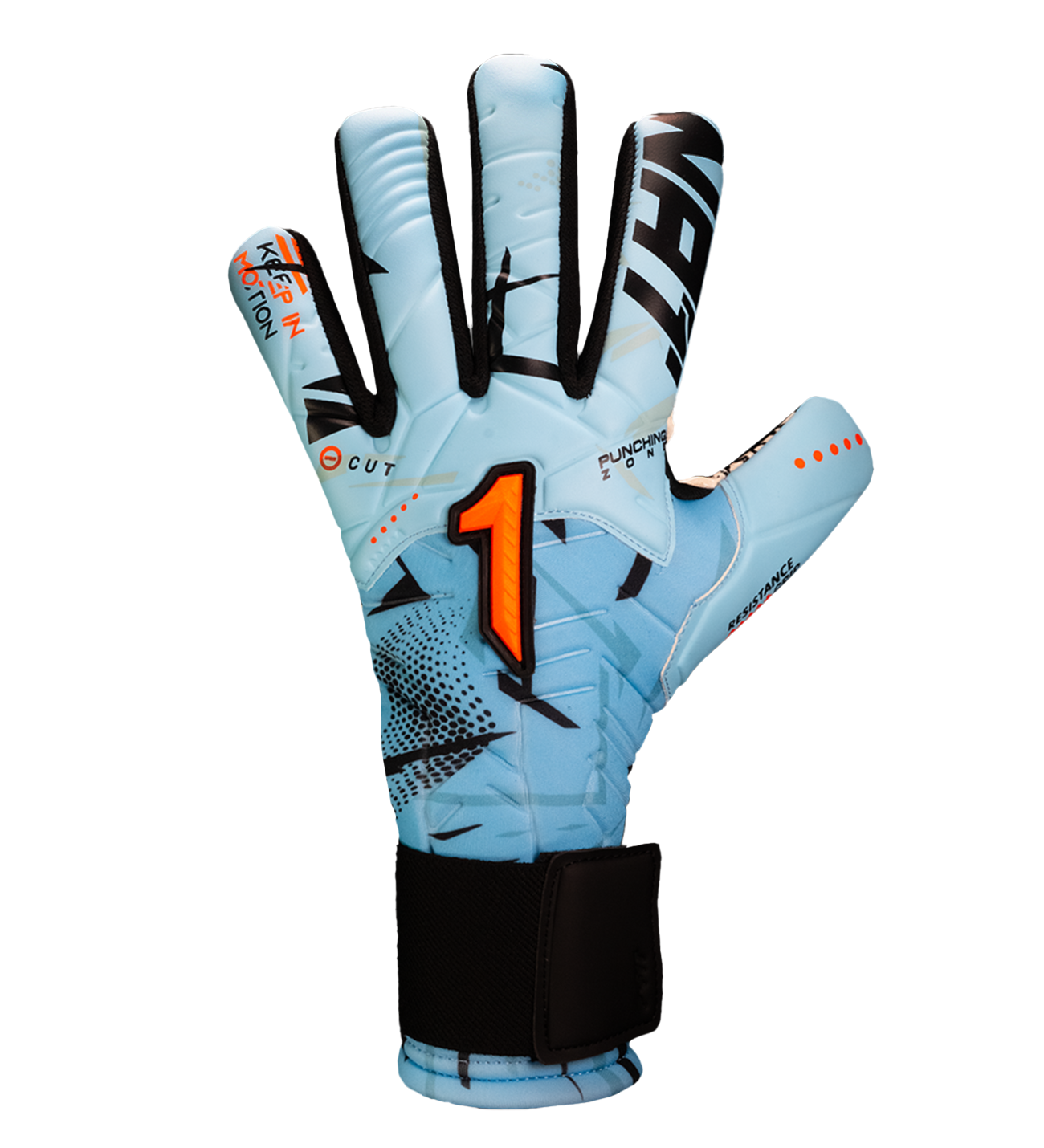 Guantes de portero Kratos SGR azul con blanco, corte negativo ergonómico, palma profesional SGR de alto agarre, dorso transpirable con efecto térmico y cierre híbrido con muñequera elástica y cintillo ajustable dorso.