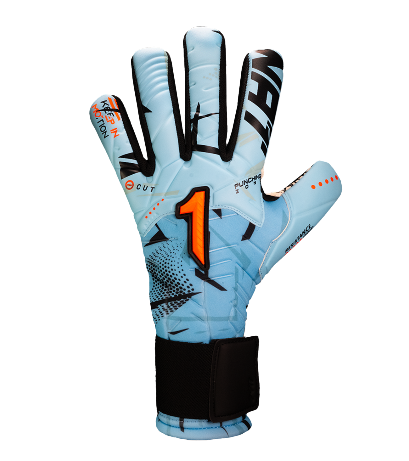 Guantes de portero de futbol Kratos SGR azul con blanco, corte negativo ergonómico, palma profesional SGR de alto agarre, dorso transpirable con efecto térmico y cierre híbrido con muñequera elástica y cintillo ajustable.