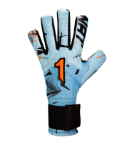 Guantes de portero de futbol Kratos SGR azul con blanco, corte negativo ergonómico, palma profesional SGR de alto agarre, dorso transpirable con efecto térmico y cierre híbrido con muñequera elástica y cintillo ajustable.
