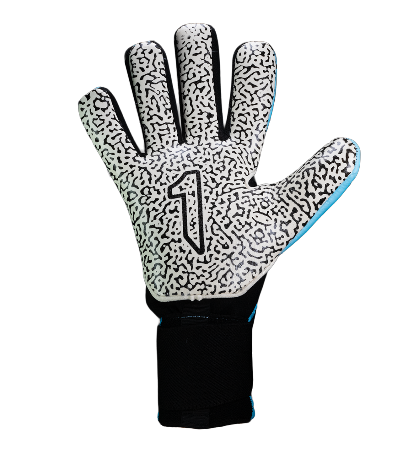 Guantes de portero Kratos SGR azul con blanco, corte negativo ergonómico, palma profesional SGR de alto agarre, dorso transpirable con efecto térmico y cierre híbrido con muñequera elástica y cintillo ajustable palma.