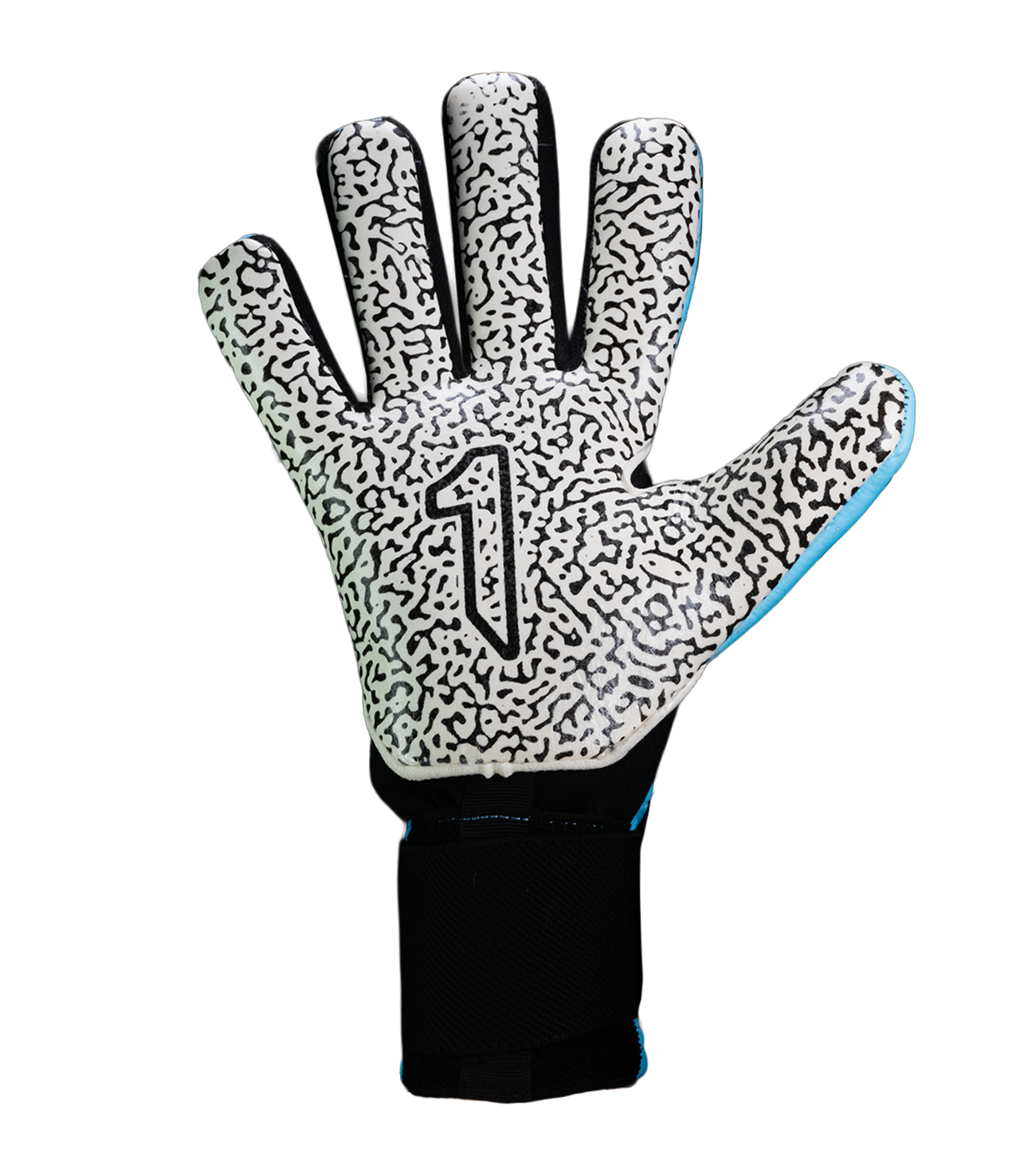 Guantes de portero de futbol Kratos SGR azul con blanco, corte negativo ergonómico, palma profesional SGR de alto agarre, dorso transpirable con efecto térmico y cierre híbrido con muñequera elástica y cintillo ajustable.