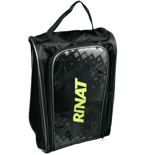 Zapatera Rinat negra, azul y gris para porteros y futbolistas; bolsa deportiva compacta, resistente y ligera, con compartimento principal espacioso para botas, ropa y accesorios, bolsillo interior para objetos pequeños, construcción durable que protege guantes y calzado, cierres resistentes de alta calidad, transporte ergonómico cómodo, diseño moderno con logo Rinat, ideal para entrenamientos, partidos y organización eficiente del equipo, compatible con cualquier uniforme.