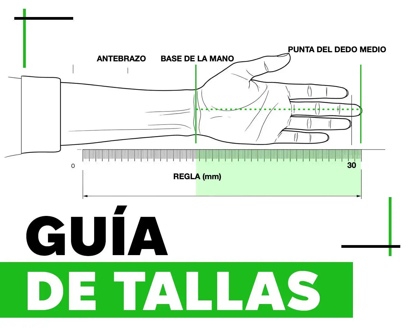 Guía de tallas — mide el largo de tu mano desde la base de la palma hasta la punta del dedo medio
