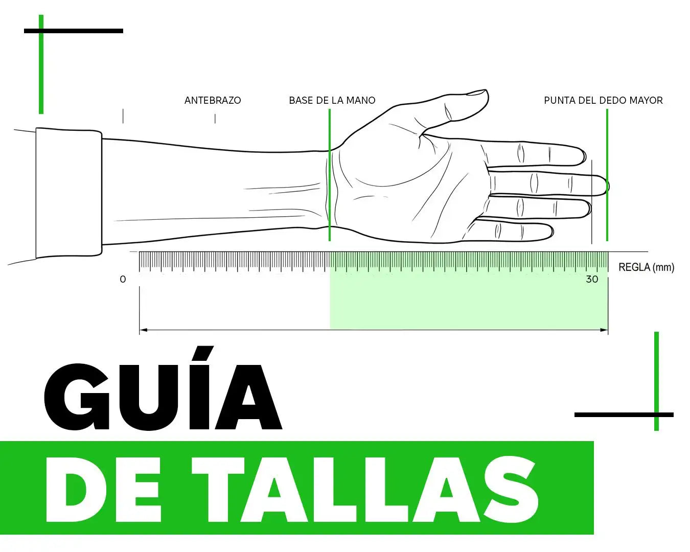 Guía de tallas — mide el largo de tu mano desde la base de la palma hasta la punta del dedo medio